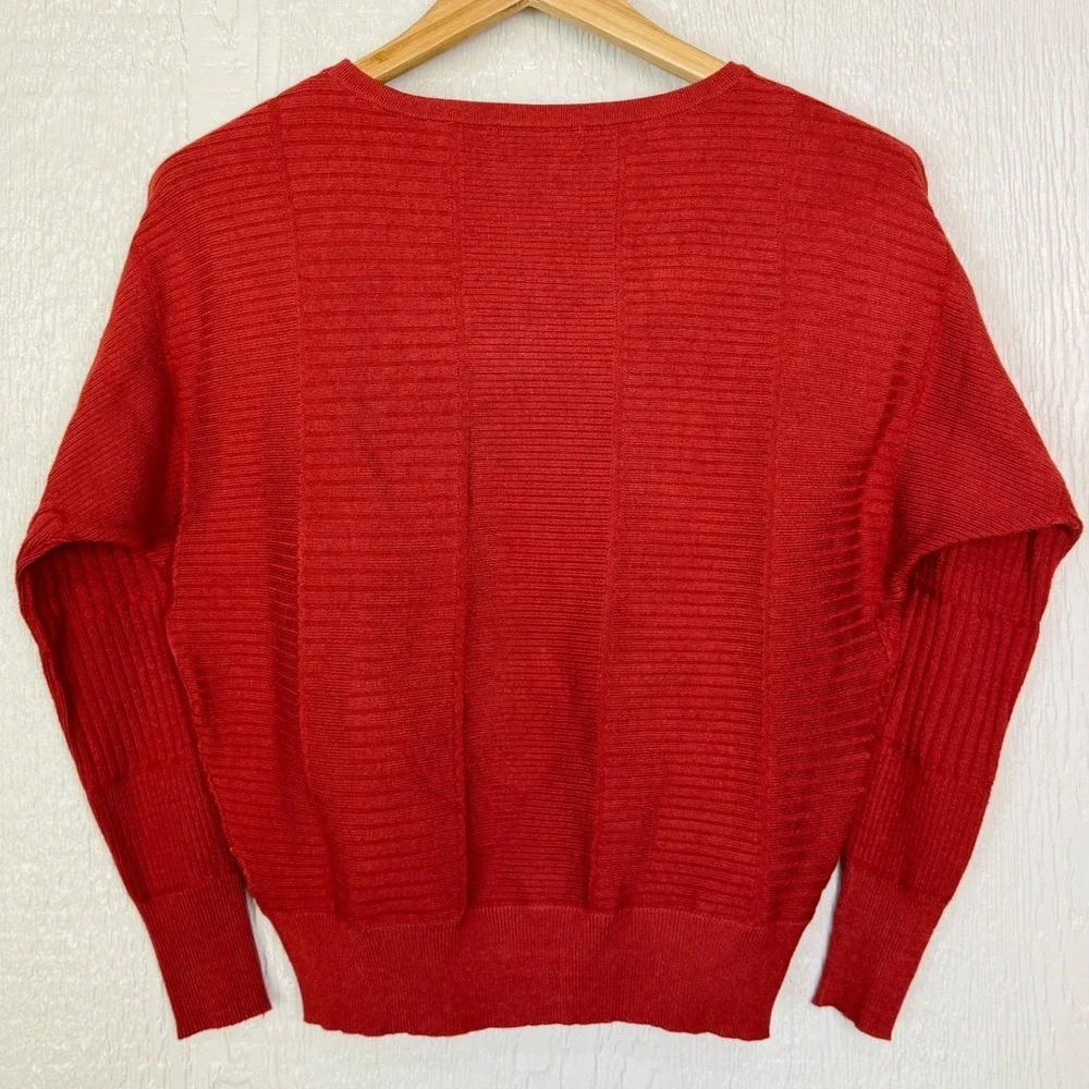 Tahari Womens Rust Red Ribbed Knit Dolman Sleeve Crew Neck Sweater XS_2